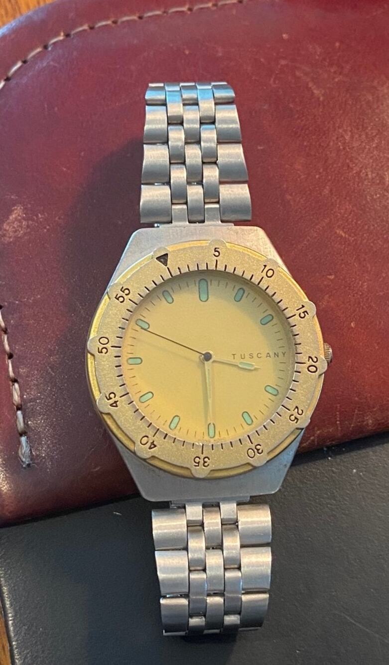 Men's 37mm Brushed Metal Tone Tuscany Watch with Rotating Gold Tone Bezel